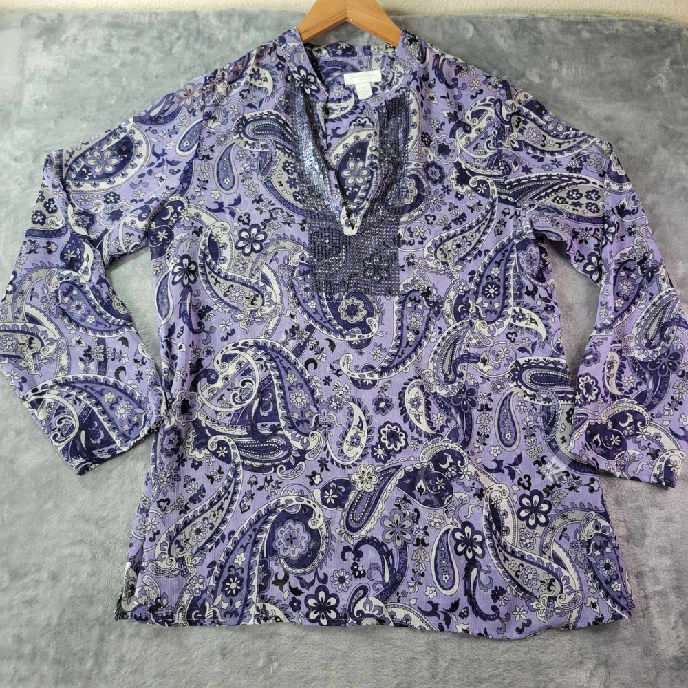 Charter Club Petite Purple Paisley Sequin Blouse‎ Top Size 12P Bell Sleeve